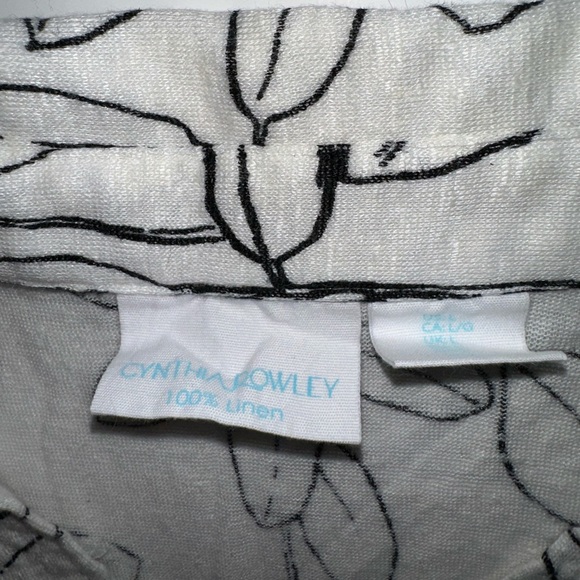Cynthia Rowley White Linen V-Neck T-Shirt Size L Black Floral Print Short Sleeve - Picture 4 of 6